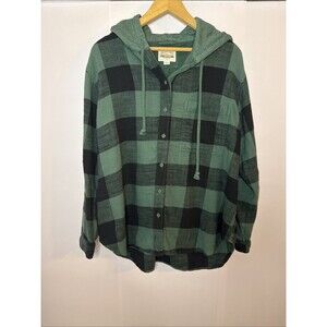 American Eagle Mens‎ Button Up Hooded Flannel Plaid Med Green Grunge Skater Y2K